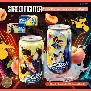 Street Fighter Peach flavor Soda drink 330ml (11.1 fl. oz.)- Chun-li/ Luke design